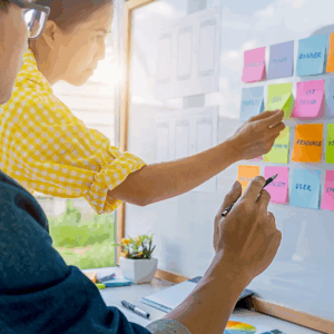 Content managers with colored stickers t manage online content.